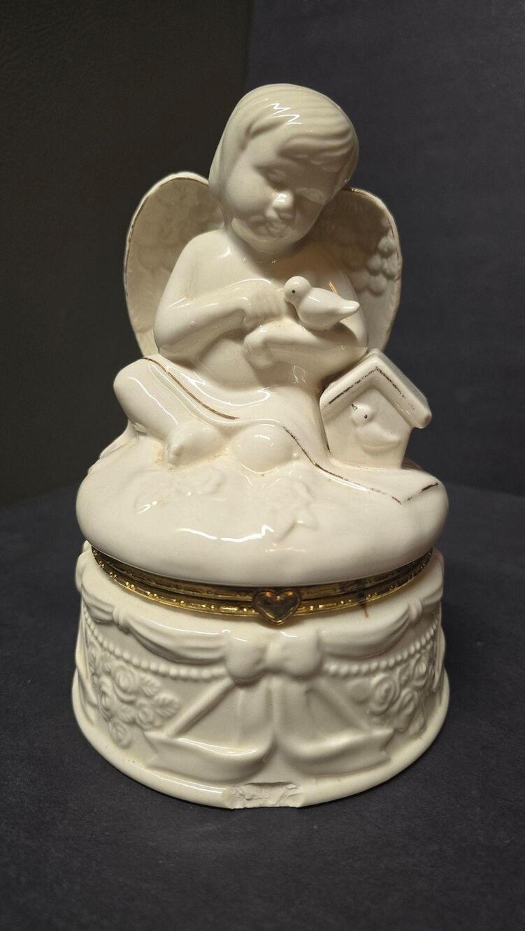 Wal Mart White Ceramic Angel Trinket Box Birdhouse Small Lidded Decor *chip